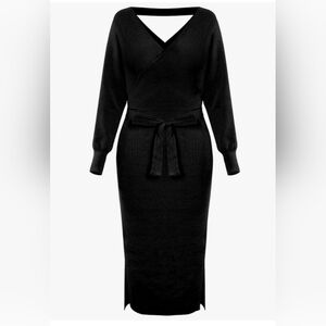 Selowin V Neck Backless Wrap Batwing Sleeve, Elegant Black Knit Dress!